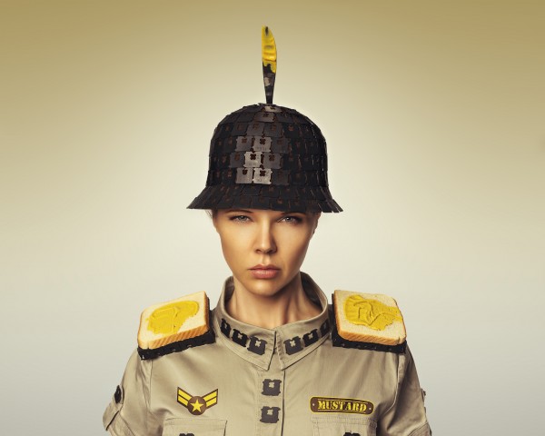 Creative portrait of a female version of Colonel Mustard wearing a bread clip mustard and bread uniform looking at the camera with a knife sticking out of her helmet by Artmood Visualz